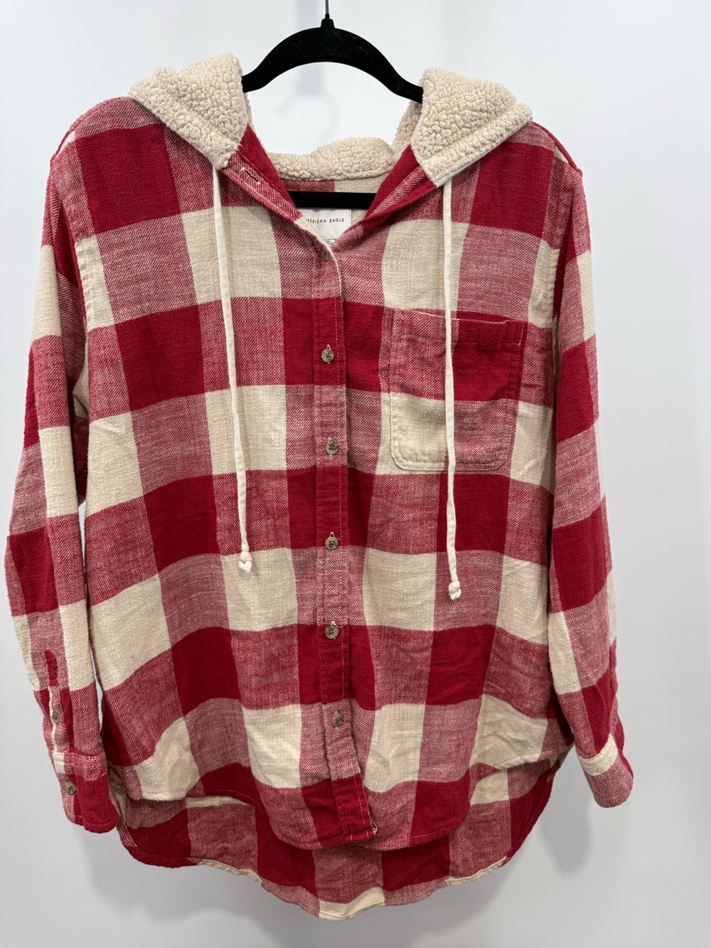 American Eagle Sherpa Lined Buffalo Plaid Hooded Flannel Red Cream Size Medium